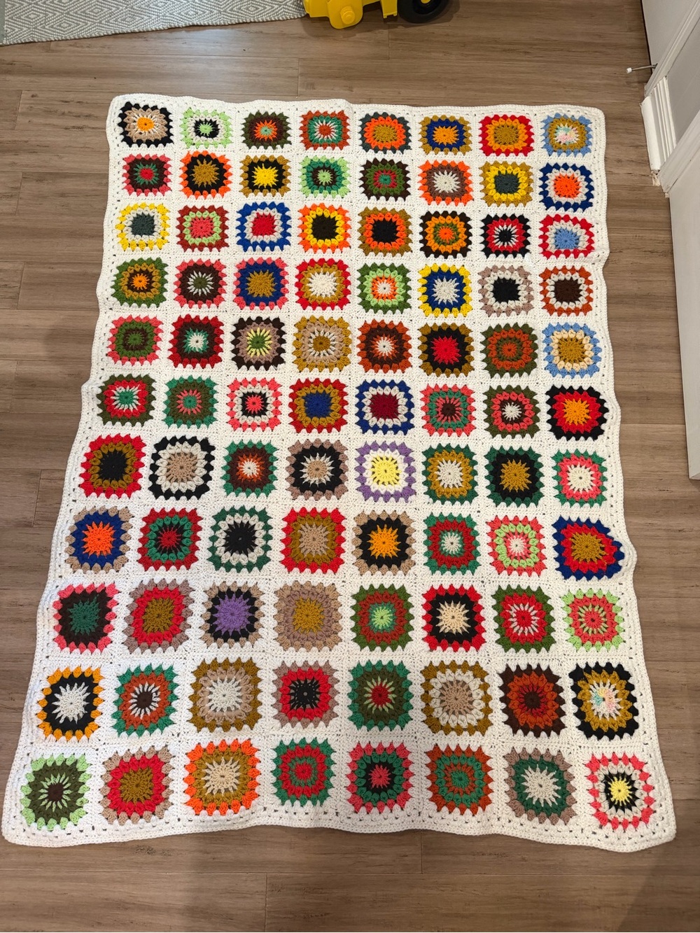 Handmade Multicolor Crochet Granny Square Blanket - White Border